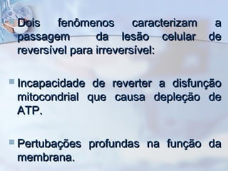  Dois

fenômenos
caracterizam
a
passagem
da lesão celular de
reversível para irreversível:

 Incapacidade

de reverter a disfunção
mitocondrial que causa depleção de
ATP.

 Pertubações

membrana.

profundas na função da

 