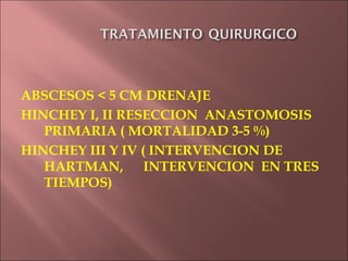 ABSCESOS < 5 CM DRENAJE
HINCHEY I, II RESECCION ANASTOMOSIS
   PRIMARIA ( MORTALIDAD 3-5 %)
HINCHEY III Y IV ( INTERVENCION DE
   HARTMAN, INTERVENCION EN TRES
   TIEMPOS)
 