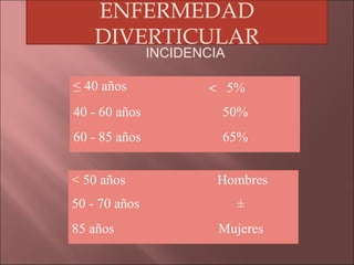 ENFERMEDAD
    DIVERTICULAR
               INCIDENCIA

≤ 40 años             < 5%
40 - 60 años            50%
60 - 85 años            65%


< 50 años               Hombres
50 - 70 años                ±
85 años                 Mujeres
 