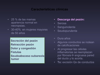 Características clínicas   25 % de las mamas apariencia normal en necropsias. 30-40%  en mujeres mayores de 50 años   Secreción del pezón Retracción pezón Dolor y congestión Fístulas Seudoabsceso subareolar, tumor Descarga del pezón: Serosa Sanguinolenta Seudopurulenta Dura años Algunos conductos se rodean de calcificaciones Al progresar las células inflamatorias se reemplazan por fibrosis   engruesa pared del ducto y lo acorta. Tx:  excisión Qx de conductos 