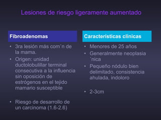 Lesiones de riesgo ligeramente aumentado 3ra lesión más común de la mama. Origen: unidad ductolobulillar terminal consecutiva a la influencia sin oposición de estrógenos en el tejido mamario susceptible Riesgo de desarrollo de un carcinoma (1.6-2.6) Menores de 25 años Generalmente neoplasia única Pequeño nódulo bien delimitado, consistencia ahulada, indoloro 2-3cm Fibroadenomas  Características clínicas 