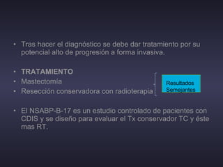 Tras hacer el diagnóstico se debe dar tratamiento por su potencial alto de progresión a forma invasiva.  TRATAMIENTO  Mastectomía  Resección conservadora con radioterapia  El NSABP-B-17 es un estudio controlado de pacientes con CDIS y se diseño para evaluar el Tx conservador TC y éste mas RT.  Resultados  Semejantes  