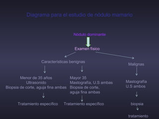 Diagrama para el estudio de nódulo mamario Nódulo dominante Examen físico   Características benignas Menor de 35 años Ultrasonido Biopsia de corte, aguja fina ambas Tratamiento   específico Mayor 35 Mastografía, U.S ambas Biopsia de corte,  aguja fina ambas Tratamiento específico Malignas  Mastografía U.S ambos biopsia tratamiento 