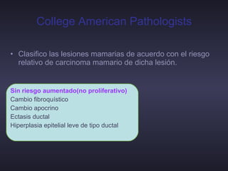 College American Pathologists Clasifico las lesiones mamarias de acuerdo con el riesgo relativo de carcinoma mamario de dicha lesión. Sin riesgo aumentado(no proliferativo) Cambio fibroquístico Cambio apocrino Ectasis ductal Hiperplasia epitelial leve de tipo ductal 