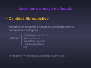 Lesiones de riesgo moderado Cambios fibroquístico   alteraciones mamarias benignas. Exacerbación de fenómenos fisiológicos Incluye  Quistes microscópicos Macroscópicos Metaplasia apocrina Hiperplasia epitelial leve  incidencia     un tercio de las mujeres de 20-45 años 