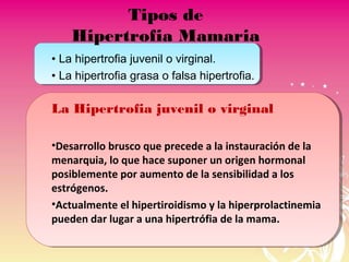 Tipos de
Hipertrofia Mamaria
• La hipertrofia juvenil o virginal.
• La hipertrofia grasa o falsa hipertrofia.
La Hipertrofia juvenil o virginal
•Desarrollo brusco que precede a la instauración de la
menarquia, lo que hace suponer un origen hormonal
posiblemente por aumento de la sensibilidad a los
estrógenos.
•Actualmente el hipertiroidismo y la hiperprolactinemia
pueden dar lugar a una hipertrófia de la mama.
 