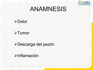 ANAMNESIS Dolor Tumor Descarga del pezón Inflamación 
