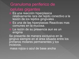  Es una reacción hiperplasica
relativamente rara del tejido conectivo a la
lesión de los tejidos gingivales .
 Es una de las hiperplasias Reactivas mas
comunes en la mucosa.
 La razón de su presencia aun es un
enigma
Se presenta de manera exclusiva en la
gingiva siempre en el área situada entre los
primeros molares permanentes y los
incisivos.
masa rojiza o azul de base ancha
 