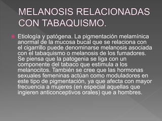  Etiología y patógena. La pigmentación melamínica
anormal de la mucosa bucal que se relaciona con
el cigarrillo puede denominarse melanosis asociada
con el tabaquismo o melanosis de los fumadores.
Se piensa que la patogenia se liga con un
componente del tabaco que estimula a los
melanocitos. También se cree que las hormonas
sexuales femeninas actúan como moduladores en
este tipo de pigmentación, ya que afecta con mayor
frecuencia a mujeres (en especial aquellas que
ingieren anticonceptivos orales) que a hombres.
 
