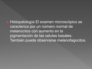  Histopatología El examen microscópico se
caracteriza por un número normal de
melanocitos con aumento en la
pigmentación de las células basales.
También puede observarse melanofagocitos.
 