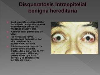  La disqueratosis intraepitelial
hereditaria benigna es un raro
desorden que afecta las
mucosas ocular y oral
 Aparece en el primer año de
vida
 se hereda de forma
autosómica dominante, con
alta penetrancia y
expresividad variable.
 Clínicamente se caracteriza
por lesiones elevadas,
traslúcidas y en forma de “V”
que surgen en el limbo y
puede haber opacidad
corneal y la consiguiente
pérdida de visión.
 