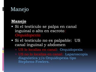 Se opera cuando:-Produce dolor-Atrofia testicular-Testis pasa fuera del escroto mucho tiempo