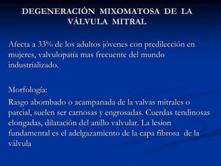 DEGENERACIÓN MIXOMATOSA DE LA
VÁLVULA MITRAL
Afecta a 33% de los adultos jóvenes con predilección en
mujeres, valvulopatía mas frecuente del mundo
industrializado.
Morfología:
Rasgo abombado o acampanada de la valvas mitrales o
parcial, suelen ser carnosas y engrosadas. Cuerdas tendinosas
elongadas, dilatación del anillo valvular. La lesion
fundamental es el adelgazamiento de la capa fibrosa de la
válvula
 