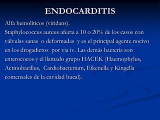 ENDOCARDITIS
Alfa hemolíticos (viridans).
Staphylococcus aureus afecta a 10 o 20% de los casos con
válvulas sanas o deformadas y es el principal agente nocivo
en los drogadictos por via iv. Las demás bacteria son
enterococos y el llamado grupo HACEK (Haemophylus,
Actinobacillus, Cardiobacterium, Eikenella y Kingella
comensales de la cavidad bucal).
 