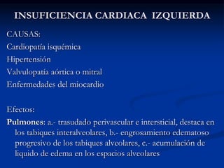INSUFICIENCIA CARDIACA IZQUIERDA
CAUSAS:
Cardiopatía isquémica
Hipertensión
Valvulopatía aórtica o mitral
Enfermedades del miocardio
Efectos:
Pulmones: a.- trasudado perivascular e intersticial, destaca en
los tabiques interalveolares, b.- engrosamiento edematoso
progresivo de los tabiques alveolares, c.- acumulación de
liquido de edema en los espacios alveolares
 