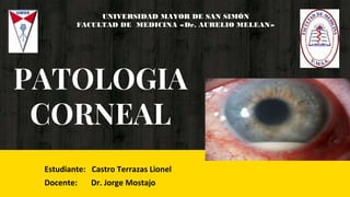 PATOLOGIA
CORNEAL
Estudiante: Castro Terrazas Lionel
Docente: Dr. Jorge Mostajo
UNIVERSIDAD MAYOR DE SAN SIMÓN
FACULTAD DE MEDICINA «Dr. AURELIO MELEAN»
 