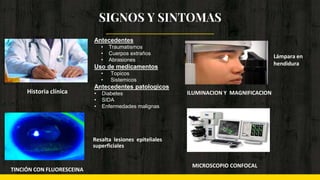 SIGNOS Y SINTOMAS
Historia clínica
Lámpara en
hendidura
TINCIÓN CON FLUORESCEINA
Resalta lesiones epiteliales
superficiales
Antecedentes
• Traumatismos
• Cuerpos extraños
• Abrasiones
Uso de medicamentos
• Topicos
• Sistemicos
Antecedentes patologicos
• Diabetes
• SIDA
• Enfermedades malignas
MICROSCOPIO CONFOCAL
ILUMINACION Y MAGNIFICACION
 
