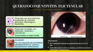 QUERATOCONJUNTIVITIS FLICTENULAR
Flictenulas son acumulaciones
localizadas de Linfocitos,
Monocitos, Macrofagos y
Neutrofilos.
Flictenulas corneales, son
bilaterales, cicatrizan y
vascularizan.
Conjuntivales no dejan huella.
CAUSADO
Por una respuesta de sensibilidad
retrasada frente a S. aureus y
Mycobacterium tuberculosus.
TRATAMIENTO
• Sin tratamiento involucionan espontaneamente en 10 a 14
dias.
• Corticoides topicos acortan su duracion, con disminucion de de
cicatrizacion y vascularizacion.
 