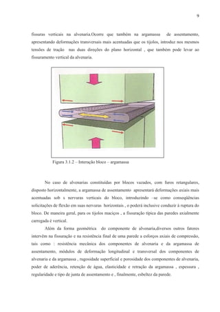 9
fissuras verticais na alvenaria.Ocorre que também na argamassa de assentamento,
apresentando deformações transversais mais acentuadas que os tijolos, introduz nos mesmos
tensões de tração nas duas direções do plano horizontal , que também pode levar ao
fissuramento vertical da alvenaria.
Figura 3.1.2 – Interação bloco – argamassa
No caso de alvenarias constituídas por blocos vazados, com furos retangulares,
disposto horizontalmente, a argamassa de assentamento apresentará deformações axiais mais
acentuadas sob s nervuras verticais do bloco, introduzindo –se como conseqüências
solicitações de flexão em suas nervuras horizontais , o poderá inclusive conduzir à ruptura do
bloco. De maneira geral, para os tijolos maciços , a fissuração típica das paredes axialmente
carregada é vertical.
Além da forma geométrica do componente de alvenaria,diversos outros fatores
intervêm na fissuração e na resistência final de uma parede a esforços axiais de compressão,
tais como : resistência mecânica dos componentes de alvenaria e da argamassa de
assentamento, módulos de deformação longitudinal e transversal dos componentes de
alvenaria e da argamassa , rugosidade superficial e porosidade dos componentes de alvenaria,
poder de aderência, retenção de água, elasticidade e retração da argamassa , espessura ,
regularidade e tipo de junta de assentamento e , finalmente, esbeltez da parede.
 