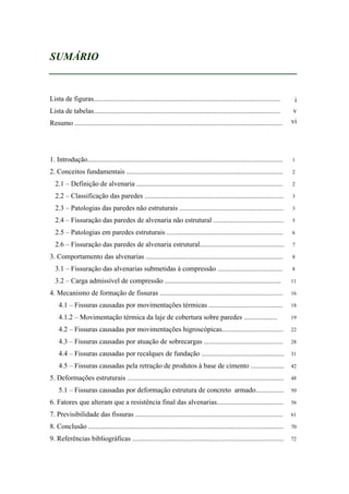 SUMÁRIO
_______________________________________________
Lista de figuras..........................................................................................................
Lista de tabelas..........................................................................................................
Resumo ......................................................................................................................
1. Introdução............................................................................................................... 1
2. Conceitos fundamentais ......................................................................................... 2
2.1 – Definição de alvenaria ................................................................................... 2
2.2 – Classificação das paredes ............................................................................... 3
2.3 – Patologias das paredes não estruturais ........................................................... 3
2.4 – Fissuração das paredes de alvenaria não estrutural ........................................ 5
2.5 – Patologias em paredes estruturais .................................................................. 6
2.6 – Fissuração das paredes de alvenaria estrutural................................................ 7
3. Comportamento das alvenarias .............................................................................. 8
3.1 – Fissuração das alvenarias submetidas à compressão ..................................... 8
3.2 – Carga admissível de compressão .................................................................. 11
4. Mecanismo de formação de fissuras ...................................................................... 16
4.1 – Fissuras causadas por movimentações térmicas .......................................... 18
4.1.2 – Movimentação térmica da laje de cobertura sobre paredes ................... 19
4.2 – Fissuras causadas por movimentações higroscópicas................................... 22
4.3 – Fissuras causadas por atuação de sobrecargas ............................................. 28
4.4 – Fissuras causadas por recalques de fundação ............................................... 31
4.5 – Fissuras causadas pela retração de produtos à base de cimento ................... 42
5. Deformações estruturais ......................................................................................... 48
5.1 – Fissuras causadas por deformação estrutura de concreto armado................ 50
6. Fatores que alteram que a resistência final das alvenarias...................................... 56
7. Previsibilidade das fissuras .................................................................................... 61
8. Conclusão ............................................................................................................... 70
9. Referências bibliográficas ...................................................................................... 72
i
v
vi
 