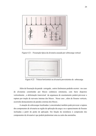 29
Figura 4.21 – Fissuração típica da alvenaria causada por sobrecarga vertical
Figura 4.22 – Trincas horizontais na alvenaria provenientes de sobrecarga
Além da fissuração da parede carregada , outros fenômenos poderão ocorrer : mo caso
de alvenarias constituídas por blocos cerâmicos estruturais, com furos dispostos
verticalmente , a deformação transversal da argamassa de assentamento poderá provocar a
ruptura por tração de nervuras internas dos blocos . Nesse caso , além de fissuras verticais,
ocorrerão destacamentos de paredes externas dos blocos .
A atuação de sobrecargas localizadas ( concentradas) também pode provocar a ruptura
dos componentes de alvenaria na região de aplicação da carga e ou o aparecimento de fissuras
inclinadas a partir do ponto de aplicação. Em função da resistência à compressão dos
componentes de alvenaria é que poderá predominar uma ou outra das anomalias.
 