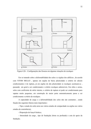 32
Figura 4.26 – Configurações das fissuras em algumas situações de recalques
Em se tratando sobre a deformabilidade dos solos e a rigidez dos edifícios , de acordo
com VITOR MELLO , apenas em argilas de baixa plasticidade o critério de cálculo
condicionantes é de ruptura, já em argilas de alta plasticidade os recalques acentuam-se ,
passando em geral a ser condicionante o critério recalques admissíveis. Em siltes e areias,
solos com coeficiente de atrito interno, o critério de ruptura só pode ser condicionante para
sapatas muito pequenas, em construção de maior porte automaticamente passa a ser
condicionante o critério de recalques.
A capacidade de carga e a deformabilidade dos solos não são constantes , sendo
função dos seguintes fatores mais importantes :
- Tipo e estado do solo( areia nos vários estados de compacidade ou argilas nos vários
estados de consistência);
- Disposição do lençol freático;
- Intensidade da carga , tipo de fundação( direta ou profunda) e cota de apoio da
fundação;
 