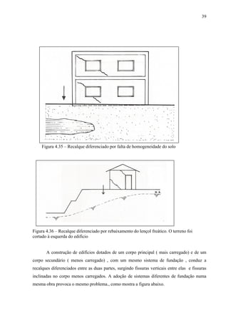 39
Figura 4.35 – Recalque diferenciado por falta de homogeneidade do solo
Figura 4.36 – Recalque diferenciado por rebaixamento do lençol freático. O terreno foi
cortado à esquerda do edifício
A construção de edifícios dotados de um corpo principal ( mais carregado) e de um
corpo secundário ( menos carregado) , com um mesmo sistema de fundação , conduz a
recalques diferenciados entre as duas partes, surgindo fissuras verticais entre elas e fissuras
inclinadas no corpo menos carregados. A adoção de sistemas diferentes de fundação numa
mesma obra provoca o mesmo problema., como mostra a figura abaixo.
 