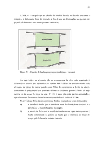 49
A NBR 6118 estipula que no cálculo das flechas deverão ser levadas em conta a
retração e a deformação lenta do concreto, a fim de que as deformações não possam ser
prejudiciais à estrutura ou a outras partes da construção.
Figura 5.1 – Previsão de flechas em componentes fletidos ( paredes)
Ao tudo indica ,as alvenarias são os componentes da obra mais suscetíveis à
ocorrência de fissuras pela deformação do suporte. PFEFFERMANN realizou estudos com
alvenarias de tijolos de barros( paredes com 7,50m de comprimento e 2,50m de altura),
constatando o aparecimento das primeiras fissuras na alvenaria quando a flecha da viga
suporte era de apenas 6,54mm, ou seja , 1/1150. O autor cita ainda que tem constatado o
aparecimento de fissuras nas alvenarias mesmo com flechas da ordem de 1/1500.
Na previsão da flecha de um componente fletido é essencial que sejam distinguidos:
a) a parcela da flecha que se manifesta antes da fissuração do concreto e a
parcela que se manifesta após a fissuração;
b) a parcela da flecha que se manifesta imediatamente após o carregamento (
flecha instantânea) e a parcela da flecha que se manifesta ao longo do
tempo, pela deformação lenta do concreto.
 