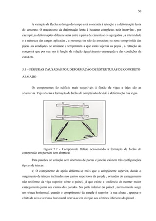 50
A variação da flecha ao longo do tempo está associada à retração e a deformação lenta
do concreto. O mecanismo da deformação lenta é bastante complexo, nele intervêm , por
exemplo,as deformações diferenciadas entre a pasta de cimento e os agregados , a intensidade
e a natureza das cargas aplicadas , a presença ou não da armadura na zona comprimida das
peças ,as condições de umidade e temperatura a que estão sujeitas as peças , a retração do
concreto( que por sua vez é função da relação água/cimento empregada e das condições de
cura).etc.
5.1 – FISSURAS CAUSADAS POR DEFORMAÇÃO DE ESTRUTURAS DE CONCRETO
ARMADO
Os componentes do edifício mais suscetíveis à flexão de vigas e lajes são as
alvenarias. Veja abaixo a formação de bielas de compressão devido a deformação das vigas.
Figura 5.2 - Componente fletido ocasionando a formação de bielas de
compressão em paredes sem aberturas
Para paredes de vedação sem aberturas de portas e janelas existem três configurações
típicas de trincas:
a) O componente de apoio deforma-se mais que o componente superior, dando o
surgimento de trincas inclinadas nos cantos superiores da parede , oriundas do carregamento
não uniforme da viga superior sobre o painel, já que existe a tendência de ocorrer maior
carregamento junto aos cantos das paredes. Na parte inferior do painel , normalmente surge
um trinca horizontal, quando o comprimento da parede é superior `a sua altura , aparece o
efeito de arco e a trinca horizontal desvia-se em direção aos vértices inferiores do painel .
 