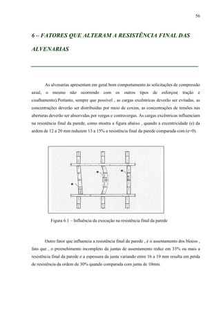 56
6 – FATORES QUE ALTERAM A RESISTÊNCIA FINAL DAS
ALVENARIAS
__________________________________________________
As alvenarias apresentam em geral bom comportamento às solicitações de compressão
axial, o mesmo não ocorrendo com os outros tipos de esforços( tração e
cisalhamento).Portanto, sempre que possível , as cargas excêntricas deverão ser evitadas, as
concentrações deverão ser distribuídas por meio de coxins, as concentrações de tensões nas
aberturas deverão ser absorvidas por vergas e contravergas. As cargas excêntricas influenciam
na resistência final da parede, como mostra a figura abaixo , quando a excentricidade (e) da
ardem de 12 a 20 mm reduzem 13 a 15% a resistência final da parede comparada com (e=0).
Figura 6.1 – Influência da execução na resistência final da parede
Outro fator que influencia a resistência final da parede , é o assentamento dos blocos ,
fato que , o preenchimento incompleto da juntas de assentamento reduz em 33% ou mais a
resistência final da parede e a espessura da junta variando entre 16 a 19 mm resulta em perda
de resistência da ordem de 30% quando comparada com junta de 10mm.
 