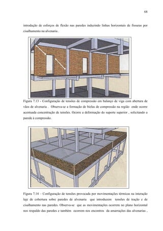 68
introdução de esforços de flexão nas paredes induzindo linhas horizontais de fissuras por
cisalhamento na alvenaria .
Figura 7.13 - Configuração de tensões de compressão em balanço de viga com abertura de
vãos de alvenaria . Observa-se a formação de bielas de compressão na região onde ocorre
acentuada concentração de tensões. Ocorre a deformação do suporte superior , solicitando a
parede à compressão.
Figura 7.14 – Configuração de tensões provocada por movimentações térmicas na interação
laje de cobertura sobre paredes de alvenaria que introduzem tensões de tração e de
cisalhamento nas paredes. Observa-se que as movimentações ocorrem no plano horizontal
nos respaldo das paredes e também ocorrem nos encontros da amarrações das alvenarias ,
 