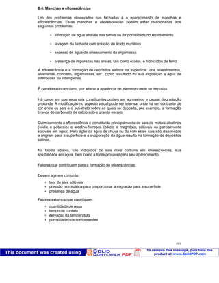 Patologia das construções Eng. José Eduardo Granato
101
8.4. Manchas e eflorescências
Um dos problemas observados nas fachadas é o aparecimento de manchas e
eflorescências. Estas manchas e eflorescências podem estar relacionadas aos
seguintes problemas:
 infiltração de água através das falhas ou da porosidade do rejuntamento
 lavagem da fachada com solução de ácido muriático
 excesso de água de amassamento da argamassa
 presença de impurezas nas areias, tais como óxidos e hidróxidos de ferro
A eflorescência é a formação de depósitos salinos na superfície dos revestimentos,
alvenarias, concreto, argamassas, etc., como resultado da sua exposição a água de
infiltrações ou intempéries.
É considerado um dano, por alterar a aparência do elemento onde se deposita.
Há casos em que seus sais constituintes podem ser agressivos e causar degradação
profunda. A modificação no aspecto visual pode ser intensa, onde há um contraste de
cor entre os sais e o substrato sobre as quais se deposita, por exemplo, a formação
branca do carbonato de cálcio sobre granito escuro.
Quimicamente a eflorescência é constituída principalmente de sais de metais alcalinos
(sódio e potássio) e alcalino-ferrosos (cálcio e magnésio, solúveis ou parcialmente
solúveis em água). Pela ação da água de chuva ou do solo estes sais são dissolvidos
e migram para a superfície e a evaporação da água resulta na formação de depósitos
salinos.
Na tabela abaixo, são indicados os sais mais comuns em eflorescências, sua
solubilidade em água, bem como a fonte provável para seu aparecimento.
Fatores que contribuem para a formação de eflorescências:
Devem agir em conjunto:
 teor de sais solúveis
 pressão hidrostática para proporcionar a migração para a superfície
 presença de água
Fatores externos que contribuem:
 quantidade de água
 tempo de contato
 elevação da temperatura
 porosidade dos componentes
 
