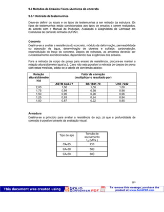 Patologia das construções Eng. José Eduardo Granato
119
9.3 Métodos de Ensaios Físico-Químicos do concreto
9.3.1 Retirada de testemunhos
Deve-se definir os locais e os tipos de testemunhos a ser retirado da estrutura. Os
tipos de testemunhos estão condicionados aos tipos de ensaios a serem realizados,
de acordo com o Manual de Inspeção, Avaliação e Diagnóstico de Corrosão em
Estruturas de concreto Armado-DURAR.
Concreto
Destina-se a avaliar a resistência do concreto, módulo de deformação, permeabilidade
ou absorção de água, determinação de cloretos e sulfatos, carbonatação,
reconstituição do traço do concreto, Depois de retiradas, as amostras deverão ser
cuidadosamente acondicionadas, dependendo das exigências dos ensaios.
Para a retirada de corpo de prova para ensaio de resistência, procura-se manter a
relação altura/diâmetro igual a 2. Caso não seja possível a retirada de corpos de prova
com estas medidas, adota-se a tabela de conversão abaixo:
Fator de correção
(multiplicar o resultado por)
Relação
altura/diâmetro
h/d
ASTM C42-77 BS 1881-70 UNE 7242
2,00 1,00 1,00 1,00
1,75 0,98 0,98 0,98
1,50 0,96 0,96 0,96
1,25 0,93 0,94 0,94
1,00 0,87 0,92 0,85
Armadura
Destina-se a princípio para avaliar a resistência do aço, já que a profundidade de
corrosão é possível através da avaliação visual.
Tipo de aço
Tensão de
escoamento
fyk (MPa )
CA-25 250
CA-50 500
CA-60 600
 