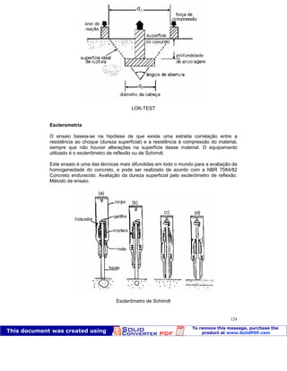 Patologia das construções Eng. José Eduardo Granato
124
LOK-TEST
Esclerometria
O ensaio baseia-se na hipótese de que existe uma estreita correlação entre a
resistência ao choque (dureza superficial) e a resistência à compressão do material,
sempre que não houver alterações na superfície desse material. O equipamento
utilizado é o esclerômetro de reflexão ou de Schimdt.
Este ensaio é uma das técnicas mais difundidas em todo o mundo para a avaliação da
homogeneidade do concreto, e pode ser realizado de acordo com a NBR 7584/82
Concreto endurecido. Avaliação da dureza superficial pelo esclerômetro de reflexão.
Método de ensaio.
Esclerômetro de Schimdt
 