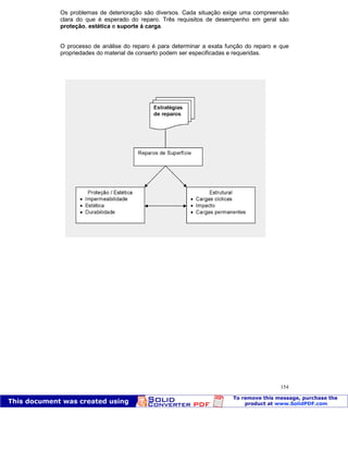 Patologia das construções Eng. José Eduardo Granato
154
Os problemas de deterioração são diversos. Cada situação exige uma compreensão
clara do que é esperado do reparo. Três requisitos de desempenho em geral são
proteção, estética e suporte à carga.
O processo de análise do reparo é para determinar a exata função do reparo e que
propriedades do material de conserto podem ser especificadas e requeridas.
Estratégias
de reparos
Reparos de Superfície
Proteção / Estética
 Impermeabilidade
 Estética
 Durabilidade
Estrutural
 Cargas cíclicas
 Impacto
 Cargas permanentes
 