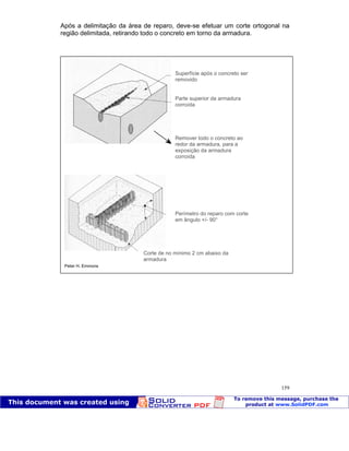 Patologia das construções Eng. José Eduardo Granato
159
Após a delimitação da área de reparo, deve-se efetuar um corte ortogonal na
região delimitada, retirando todo o concreto em torno da armadura.
Peter H. Emmons
Superfície após o concreto ser
removido
Parte superior da armadura
corroída
Perímetro do reparo com corte
em ângulo +/- 90°
Corte de no mínimo 2 cm abaixo da
armadura
Remover todo o concreto ao
redor da armadura, para a
exposição da armadura
corroída
 