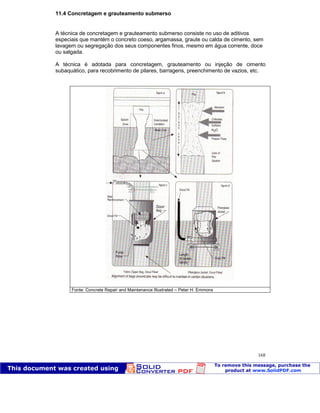 Patologia das construções Eng. José Eduardo Granato
168
11.4 Concretagem e grauteamento submerso
A técnica de concretagem e grauteamento submerso consiste no uso de aditivos
especiais que mantém o concreto coeso, argamassa, graute ou calda de cimento, sem
lavagem ou segregação dos seus componentes finos, mesmo em água corrente, doce
ou salgada.
A técnica é adotada para concretagem, grauteamento ou injeção de cimento
subaquático, para recobrimento de pilares, barragens, preenchimento de vazios, etc.
Fonte: Concrete Repair and Maintenance Illustrated – Peter H. Emmons
 