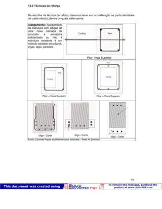Patologia das construções Eng. José Eduardo Granato
175
12.2 Técnicas de reforço
Na escolha da técnica de reforço devemos levar em consideração as particularidades
de cada método, dentre os quais salientamos:
Alargamento: Alargamento
da estrutura com adição de
uma nova camada de
concreto e armadura
solidarizada ou não à
estrutura existente é um
método adotado em pilares,
vigas, lajes, paredes.
Pilar Vista Superior
Pilar – Vista Superior Pilar – Vista Superior
Viga - Corte Viga - Corte
Viga - Corte
Fonte: Concrete Repair and Maintenance Illustrated – Peter H. Emmons
  
 