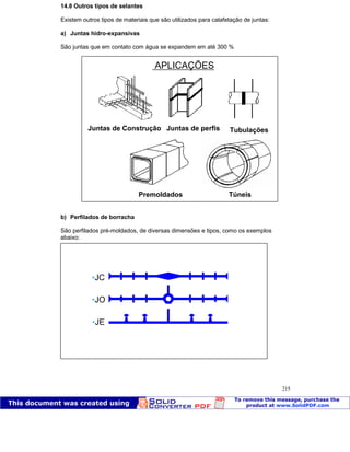 Patologia das construções Eng. José Eduardo Granato
215
14.8 Outros tipos de selantes
Existem outros tipos de materiais que são utilizados para calafetação de juntas:
a) Juntas hidro-expansivas
São juntas que em contato com água se expandem em até 300 %
b) Perfilados de borracha
São perfilados pré-moldados, de diversas dimensões e tipos, como os exemplos
abaixo:
APLICAÇÕES
Juntas de Construção
Premoldados Túneis
Juntas de perfis Tubulações
•JC
•JO
•JE
 