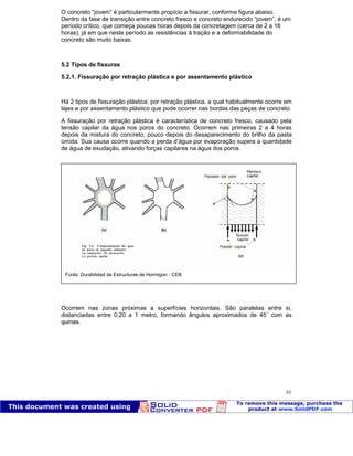 Patologia das construções Eng. José Eduardo Granato
61
O concreto “jovem” é particularmente propício a fissurar, conforme figura abaixo.
Dentro da fase de transição entre concreto fresco e concreto endurecido “jovem”, é um
período crítico, que começa poucas horas depois da concretagem (cerca de 2 a 16
horas), já em que neste período as resistências à tração e a deformabilidade do
concreto são muito baixas.
5.2 Tipos de fissuras
5.2.1. Fissuração por retração plástica e por assentamento plástico
Há 2 tipos de fissuração plástica: por retração plástica, a qual habitualmente ocorre em
lajes e por assentamento plástico que pode ocorrer nas bordas das peças de concreto.
A fissuração por retração plástica é característica de concreto fresco, causado pela
tensão capilar da água nos poros do concreto. Ocorrem nas primeiras 2 a 4 horas
depois da mistura do concreto, pouco depois do desaparecimento do brilho da pasta
úmida. Sua causa ocorre quando a perda d’água por evaporação supera a quantidade
de água de exudação, ativando forças capilares na água dos poros.
Ocorrem nas zonas próximas a superfícies horizontais. São paralelas entre si,
distanciadas entre 0,20 a 1 metro, formando ângulos aproximados de 45˚ com as
quinas.
Fonte: Durabilidad de Estructuras de Hormigon - CEB
 