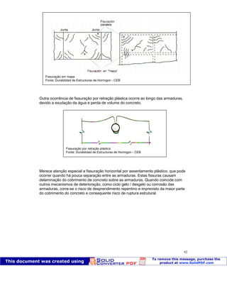 Patologia das construções Eng. José Eduardo Granato
62
Outra ocorrência de fissuração por retração plástica ocorre ao longo das armaduras,
devido a exudação da água e perda de volume do concreto.
Merece atenção especial a fissuração horizontal por assentamento plástico, que pode
ocorrer quando há pouca separação entre as armaduras. Estas fissuras causam
delaminação do cobrimento de concreto sobre as armaduras. Quando coincide com
outros mecanismos de deterioração, como ciclo gelo / desgelo ou corrosão das
armaduras, corre-se o risco de desprendimento repentino e imprevisto da maior parte
do cobrimento do concreto e consequente risco de ruptura estrutural.
Fissuração em mapa
Fonte: Durabilidad de Estructuras de Hormigon - CEB
Fissuração por retração plástica
Fonte: Durabilidad de Estructuras de Hormigon - CEB
 