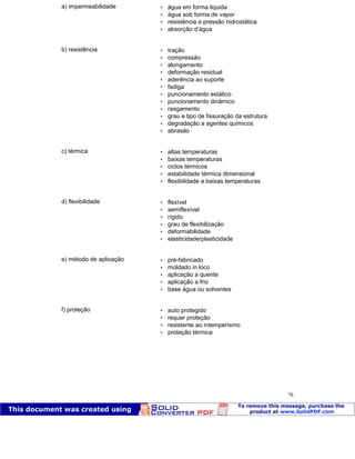 Patologia das construções Eng. José Eduardo Granato
76
a) impermeabilidade  água em forma liquida
 água sob forma de vapor
 resistência a pressão hidrostática
 absorção d’água
b) resistência  tração
 compressão
 alongamento
 deformação residual
 aderência ao suporte
 fadiga
 puncionamento estático
 puncionamento dinâmico
 rasgamento
 grau e tipo de fissuração da estrutura
 degradação a agentes químicos
 abrasão
c) térmica  altas temperaturas
 baixas temperaturas
 ciclos térmicos
 estabilidade térmica dimensional
 flexibilidade a baixas temperaturas
d) flexibilidade  flexível
 semiflexível
 rígido
 grau de flexibilização
 deformabilidade
 elasticidade/plasticidade
e) método de aplicação  pré-fabricado
 moldado in loco
 aplicação a quente
 aplicação a frio
 base água ou solventes
f) proteção  auto protegido
 requer proteção
 resistente ao intemperísmo
 proteção térmica
 