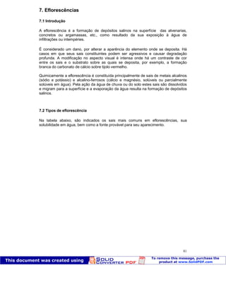 Patologia das construções Eng. José Eduardo Granato
81
7. Eflorescências
7.1 Introdução
A eflorescência é a formação de depósitos salinos na superfície das alvenarias,
concretos ou argamassas, etc., como resultado da sua exposição à água de
infiltrações ou intempéries.
É considerado um dano, por alterar a aparência do elemento onde se deposita. Há
casos em que seus sais constituintes podem ser agressivos e causar degradação
profunda. A modificação no aspecto visual é intensa onde há um contraste de cor
entre os sais e o substrato sobre as quais se deposita, por exemplo, a formação
branca do carbonato de cálcio sobre tijolo vermelho.
Quimicamente a eflorescência é constituída principalmente de sais de metais alcalinos
(sódio e potássio) e alcalino-ferrosos (cálcio e magnésio, solúveis ou parcialmente
solúveis em água). Pela ação da água de chuva ou do solo estes sais são dissolvidos
e migram para a superfície e a evaporação da água resulta na formação de depósitos
salinos.
7.2 Tipos de eflorescência
Na tabela abaixo, são indicados os sais mais comuns em eflorescências, sua
solubilidade em água, bem como a fonte provável para seu aparecimento.
 