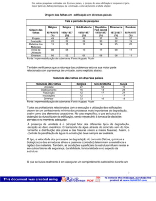 Patologia das construções Eng. José Eduardo Granato
7
Em outras pesquisas realizadas em diversos países, o projeto de uma edificação é responsável pela
maior parte das falhas patológicas de construção, como demonstra a tabela abaixo:
Origem das falhas em edificação em diversos países
País e período de pesquisa
Origem das
falhas
Bélgica
1974/1975
(%)
Bélgica
1976/1977
(%)
Grã-Bretanha
1970/1977
(%)
República
Fed. Alemã
1970/1977
(%)
Dinamarca
1972/1977
(%)
Romênia
1971/1977
(%)
Projeto 49 46 39 37 36 37
Execução 22 22 29 30 22 19
Defeitos dos
Materiais
15 15 11 14 25 22
Erros de
Utilização
09 08 10 11 09 11
Diversos 05 09 01 08 08 11
Fonte: Impermeabilização de coberturas: Flavio Augusto Picchi
Também verificamos que a natureza dos problemas está na sua maior parte
relacionada com a presença de umidade, como explícito abaixo:
Natureza das falhas em diversos países
Natureza das falhas Bélgica Grã-Bretanha Suíça
Umidade 27 53 10
Deslocamento 16 14 28
Fissuração 12 17 27
Instalações 12 - 17
Diversos 33 16 18
Fonte: Impermeabilização de coberturas: Flavio Augusto Picchi
Todos os profissionais relacionados com a execução e utilização das edificações
devem ter um conhecimento mínimo dos processos mais importantes de degradação,
assim como dos elementos causadores. No caso específico, o que se busca é a
obtenção da durabilidade da edificação, sendo necessário à tomada de decisões
corretas e no momento adequado.
A presença de umidade é o principal fator dos diferentes tipos de degradação,
exceção ao dano mecânico. O transporte da água através do concreto vem do tipo,
tamanho e distribuição dos poros e das fissuras (micro e macro fissuras). Assim, o
controle da penetração de água na construção deve sempre ser avaliada.
O tipo, e velocidade dos processos de degradação do concreto (físicos, químicos e
biológicos) e das armaduras ativas e passivas (corrosão) determinam a resistência e
rigidez dos materiais. Também, as condições superficiais da estrutura influem nestes e
em outros fatores de segurança, durabilidade, funcionalidade e no aspecto da
estrutura.
O que se busca realmente é em assegurar um comportamento satisfatório durante um
 