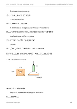 Escola Estadual de Educação Profissional [EEEP] Ensino Médio Integrado à Educação Profissional
Rompimento de tubulações
2.2 INSTABILIDADE DO SOLO
Aterros e encostas
2.3 EXCESSO DE CARGAS
Reforma do edifício pra outros fins ou novos andares
2.4 ALTERAÇÕES NAS CARACTERÍSTICAS DO TERRENO
Argilas secas e argilas com água
2.5 MOVIMENTAÇÃO DO TERRENO
Sismos
2.6 AÇÕES QUÍMICAS SOBRE AS FUNDAÇÕES
2.7 FUNDAÇÕES INADEQUADAS – ÁREA INSUFICIENTE
Ex: Taxa do terreno = 0,5 kg/cm2
Figura 06
2.8 USO INADEQUADO
Projetado para residência e uso em biblioteca
2.9 AMPLIAÇÃO
Patologia das Construções 10
2 ton
1,0 m
1,0 m
 