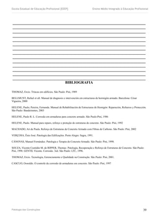 Escola Estadual de Educação Profissional [EEEP] Ensino Médio Integrado à Educação Profissional
________________________________________________________________________
________________________________________________________________________
________________________________________________________________________
________________________________________________________________________
________________________________________________________________________
________________________________________________________________________
________________________________________________________________________
________________________________________________________________________
________________________________________________________________________
________________________________________________________________________
________________________________________________________________________
________________________________________________________________________
________________________________________________________________________
________________________________________________________________________
BIBLIOGRAFIA
THOMAZ, Ercio. Trincas em edifícios. São Paulo: Pini, 1989
BELLMUNT, Rafael et all. Manual de diagnosis e intervención em estructuras de hormigón armado. Barcelona: César
Vigueira, 2000
HELENE, Paulo; Pereira, Fernanda. Manual de Rehabilitación de Estructuras de Homigón: Reparación, Refuerzo y Protección.
São Paulo: Bandeirantes, 2003
HELENE, Paulo R. L. Corrosão em armaduras para concreto armado. São Paulo:Pini, 1986
HELENE, Paulo. Manual para reparo, reforço e proteção de estruturas de concreto. São Paulo: Pini, 1992
MACHADO, Ari de Paula. Reforço de Estruturas de Concreto Armado com Fibras de Carbono. São Paulo: Pini, 2002
VERÇOSA, Ênio José. Patologia das Edificações. Porto Alegre: Sagra, 1991.
CÁNOVAS, Manuel Fernández. Patologia e Terapia do Concreto Armado. São Paulo: Pini, 1998.
SOUZA, Vicente Custódio M. de RIPPER, Thomaz. Patologia, Recuperação e Reforço de Estruturas de Concreto. São Paulo:
Pini, 1998. GENTIL Vicente. Corrosão. 3ed. São Paulo: LTC, 1996.
THOMAZ, Ercio. Tecnologia, Gerenciamento e Qualidade na Construção. São Paulo: Pini, 2001.
CASCUO, Oswaldo. O controle da corrosão de armaduras em concreto. São Paulo: Pini, 1997
Patologia das Construções 39
 