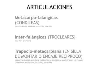 ARTICULACIONES
Metacarpo-falángicas
(CONDILEAS)
(flexo-extensión, abducción, adducción, rotación)
Inter-falángicas (TROCLEARES)
(sólo flexo-extensión)
Trapecio-metacarpiana (EN SILLA
DE MONTAR O ENCAJE RECÍPROCO)
(PERMITE AL PULGAR ORIENTARSE EN RELACIÓN AL RESTO DE LA MANO ENTODOS LOS PLANOS)
(Antepulsión, Retropulsión, aducción y abducción)
 