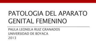 PATOLOGIA DEL APARATO
GENITAL FEMENINO
PAULA LEONELA RUIZ GRANADOS
UNIVERSIDAD DE BOYACA
2013

 