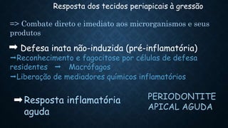 Resposta dos tecidos periapicais à gressão
=> Combate direto e imediato aos microrganismos e seus
produtos
Defesa inata não-induzida (pré-inflamatória)
Reconhecimento e fagocitose por células de defesa
residentes  Macrófagos
Liberação de mediadores químicos inflamatórios
Resposta inflamatória
aguda
PERIODONTITE
APICAL AGUDA
 