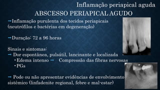 Inflamação periapical aguda
ABSCESSO PERIAPICAL AGUDO
Inflamação purulenta dos tecidos periapicais
(neutrófilos e bactérias em degeneração)
Duração: 72 a 96 horas
Sinais e sintomas:
 Dor espontânea, pulsátil, lancinante e localizada
•Edema intenso  Compressão das fibras nervosas
•PGs
 Pode ou não apresentar evidências de envolvimento
sistêmico (linfadenite regional, febre e mal-estar)
 